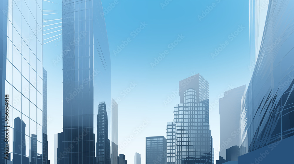 Skyline View With Modern Glass Skyscrapers And Clear Blue Sky Skyline View With Modern Glass Skyscrapers And Clear Blue Sky