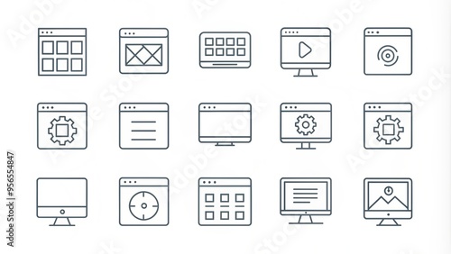 Simple and modern line icons of various website elements, such as browsers, screens, and coding symbols, against a clean white background. photo