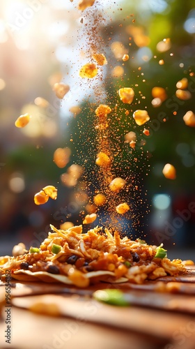 Bright and colorful shot of enfrijoladas, corn tortillas covered in a rich black bean sauce, filled with shredded chicken, and topped with crumbled cheese and sliced avocado photo