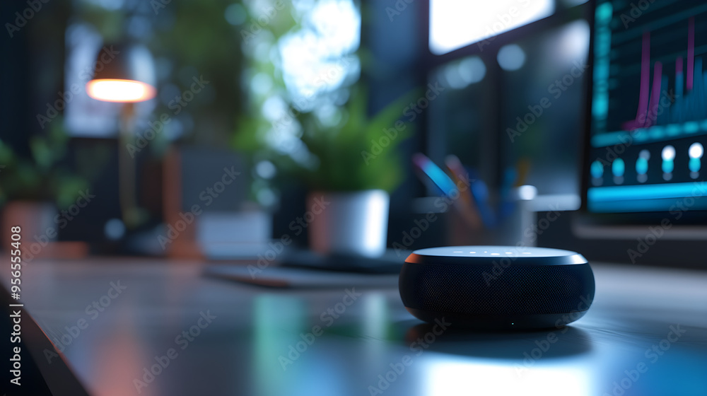 A close-up of a smart assistant device on a modern desk surrounded by plants and a computer screen displaying data analytics