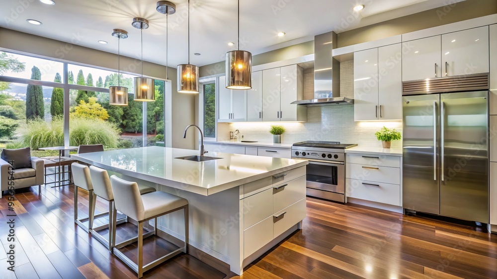 Sleek, high-gloss white cabinets and countertops surround stainless steel appliances, creating a bright, contemporary kitchen with ample natural light and sleek, modern fixtures. Sleek, high-gloss white cabinets and countertops surround stainless steel appliances, creating a bright, contemporary kitchen with ample natural light and sleek, modern fixtures.