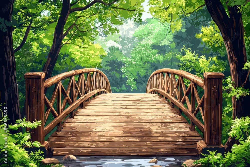 Wooden Bridge Leading Through Lush Green Forest Wooden Bridge Leading Through Lush Green Forest