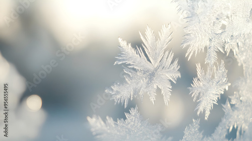 Intricate ice crystals form a beautiful close-up display, capturing delicate patterns in a soft winter light