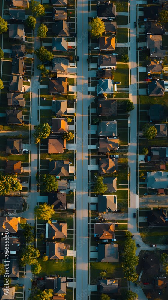 A drone shot captures a suburban neighborhood with rows of houses and tree-lined streets basking in soft evening light A drone shot captures a suburban neighborhood with rows of houses and tree-lined streets basking in soft evening light