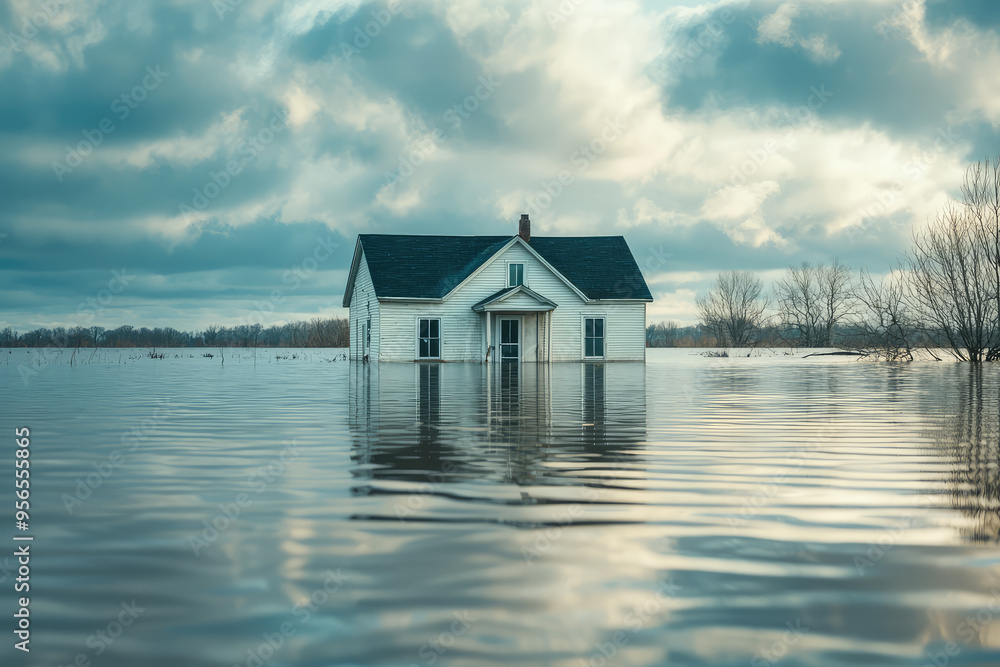 A lone house stands resilient, submerged in floodwaters, a testament to nature's power. A lone house stands resilient, submerged in floodwaters, a testament to nature's power.