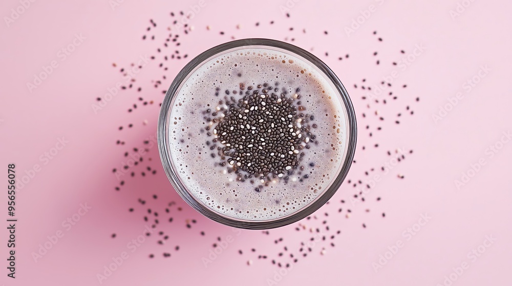 Chia and sesame seeds surround a tall glass of oat milk on a soft pink background, embodying wellness. Chia and sesame seeds surround a tall glass of oat milk on a soft pink background, embodying wellness.