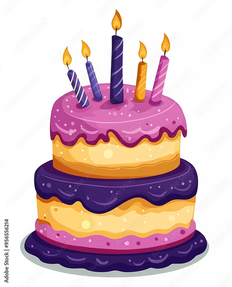 A simple vector illustration of a birthday cake, in shades of purple, pink, and yellow, in a clip art style, against a white background. A simple vector illustration of a birthday cake, in shades of purple, pink, and yellow, in a clip art style, against a white background.