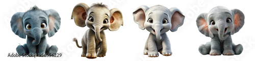 set of 3d illustrations of baby elephants isolated on transparent background, generated ai