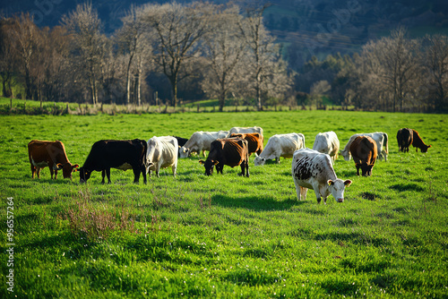 Peaceful Pasture: Cows graze contentedly in a lush green meadow, bathed in the warm glow of the setting sun.