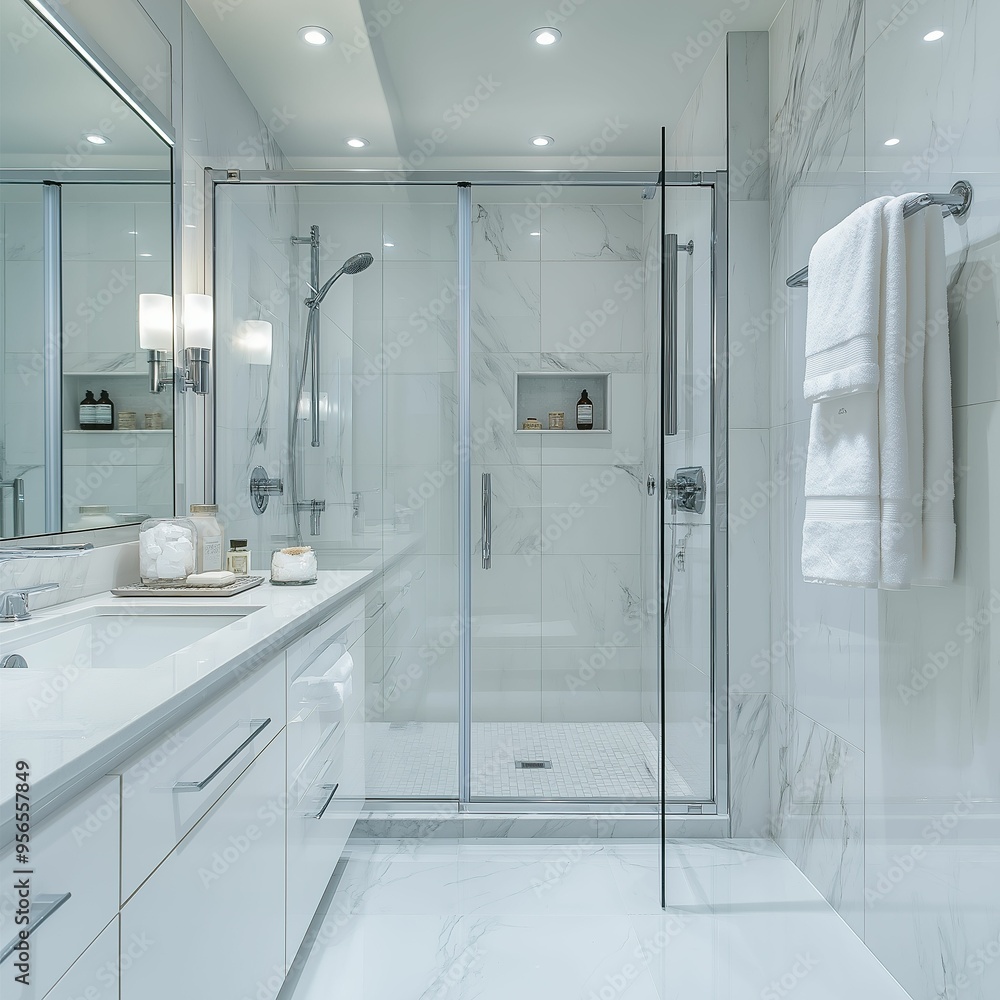 Bright, clean bathroom with marble tiles, open layout, glass walls, white vanity mirrors, and rose bouquets.
Bright, clean bathroom with marble tiles, open layout, glass walls, white vanity mirrors, and rose bouquets.