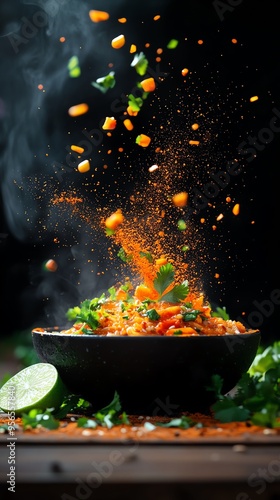 Malaysian street hawker stall serving hot, spicy Laksa with vibrant colors, garnished with fresh herbs and lime, steam rising from the bowl, set against a rustic background