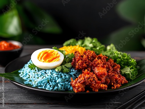 Nasi Kerabu served on a banana leaf, vibrant blue rice, colorful assortment of herbs, fried chicken, salted egg, and spicy sambal, all set against a rustic wooden table photo