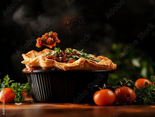 Native spiced kangaroo pie with a flaky crust, placed on a rustic pie tin with a side of bush tomato relish, soft warm lighting highlighting the textures