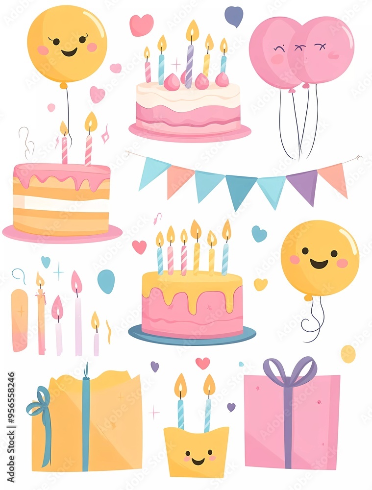 Vector flat style, cute birthday party elements clip art set: cake and candles, balloons, presents, bunting, paper streamers, happy smiling faces, on a white background Vector flat style, cute birthday party elements clip art set: cake and candles, balloons, presents, bunting, paper streamers, happy smiling faces, on a white background