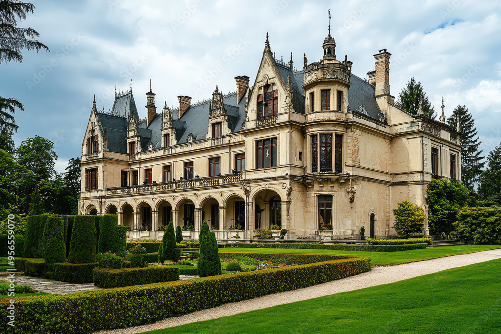 A Majestic Renaissance-Style Castle, Basking in the Sun, Surrounded by Lush, Geometric Gardens A Majestic Renaissance-Style Castle, Basking in the Sun, Surrounded by Lush, Geometric Gardens