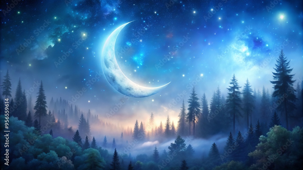 Fototapeta premium Softly glowing crescent moon suspended amidst twinkling stars, above a serene forest, bathed in an ethereal blue mist, evoking a sense of enchantment and wonder.