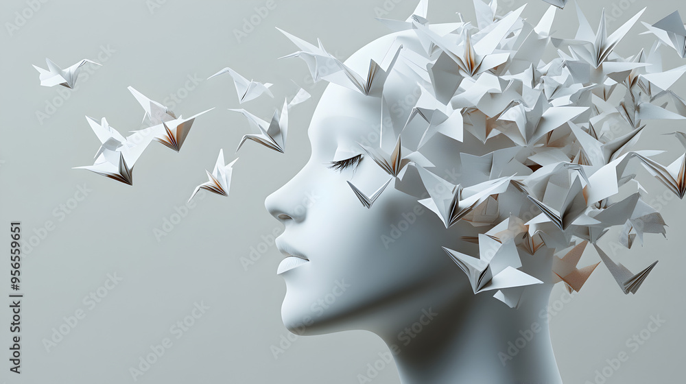 A head dissolving into a flock of paper cranes, representing fragility and transformation.
A head dissolving into a flock of paper cranes, representing fragility and transformation.