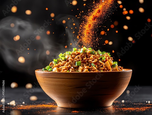 Sichuan mapo tofu with a vibrant red chili oil, topped with minced pork and fresh green scallions, presented in a traditional earthenware bowl on a dark textured background photo