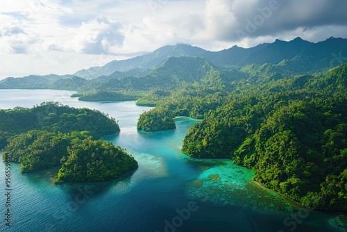 A Lush Tropical Island, Bathed in Sunlight, with Pristine Blue Waters and Verdant Forests