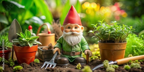 Adorable gardening gnome surrounded by plants and tools , gardening, gnome, plants, tools, character design, charming photo