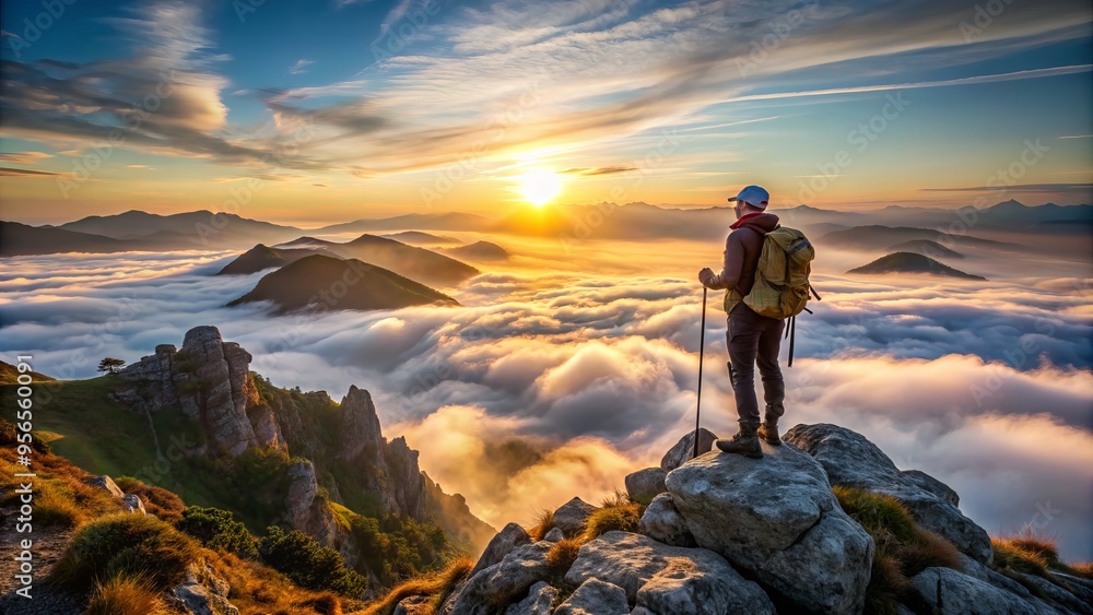 Solo hiker stands atop mountain peak at sunrise, surrounded by misty atmosphere and rugged landscape, with backpack and trekking poles in hand. Solo hiker stands atop mountain peak at sunrise, surrounded by misty atmosphere and rugged landscape, with backpack and trekking poles in hand.