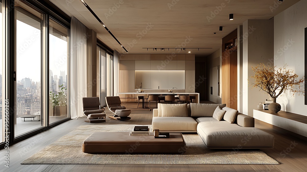 A sophisticated living room with warm wooden floors and a city skyline in sight. A sophisticated living room with warm wooden floors and a city skyline in sight.