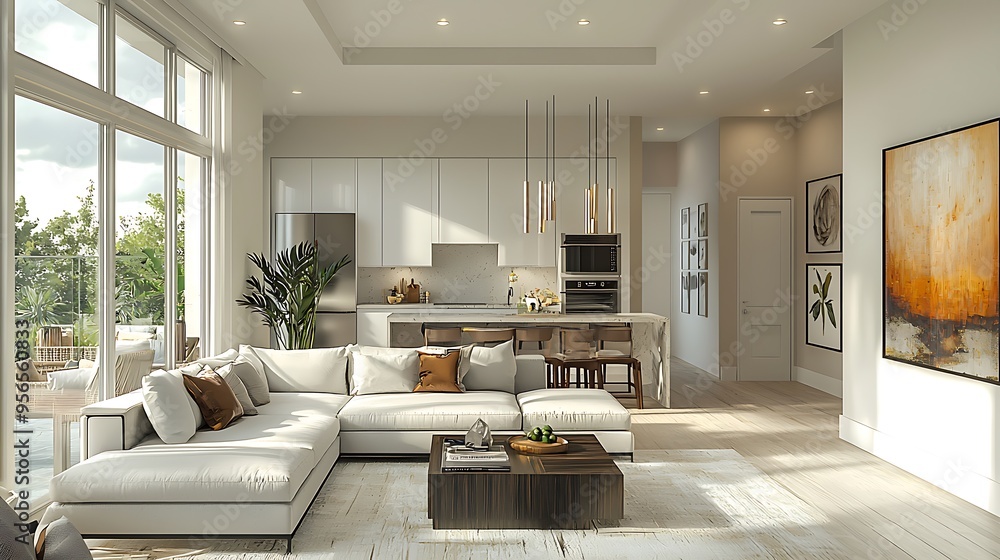 A white sectional sofa paired with a wooden coffee table in a spacious open-plan room. A white sectional sofa paired with a wooden coffee table in a spacious open-plan room.