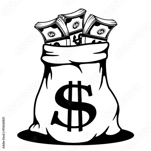Money Bag | Dollar Sign | Dollar Bill | Bundled Money | Bag Full with Money | Money Overload | Cash Splash | Millionaire Bag | Original Illustration | Vector and Clipart | Cutfile and Stencil