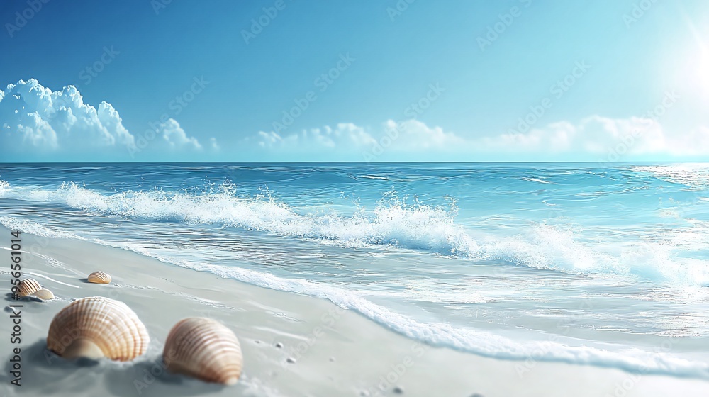A serene beach scene with white sand, blue sky and turquoise water, with three seashells in the foreground. A serene beach scene with white sand, blue sky and turquoise water, with three seashells in the foreground.