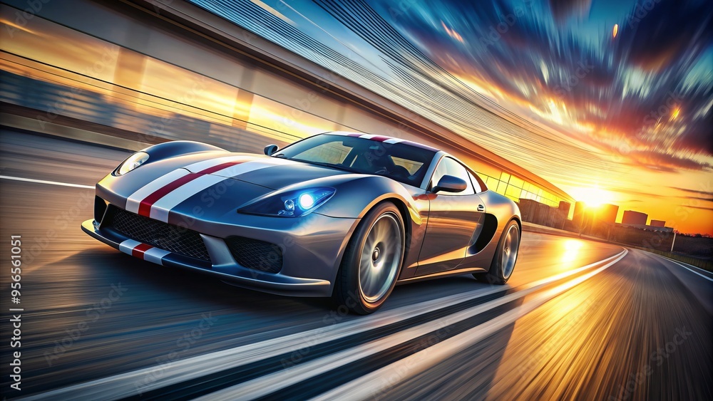 Speeding sleek sports car with racing stripes and gleaming wheels zooms past the finish line, leaving a trail of motion blur and dynamic energy. Speeding sleek sports car with racing stripes and gleaming wheels zooms past the finish line, leaving a trail of motion blur and dynamic energy.