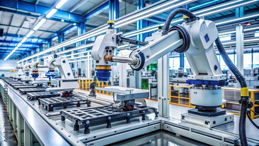 State-of-the-art robotic arm assembling electronic components on a modern production line in a clean and organized high-tech manufacturing facility. State-of-the-art robotic arm assembling electronic components on a modern production line in a clean and organized high-tech manufacturing facility.