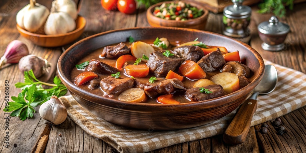 Traditional French cuisine Boeuf bourguignon served on a rustic wooden table , beef, bourguignon, stew, French Traditional French cuisine Boeuf bourguignon served on a rustic wooden table , beef, bourguignon, stew, French