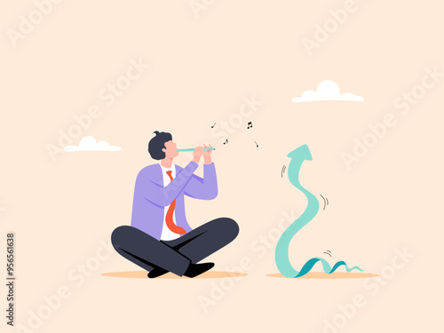 Businessman charming a financial growth curve like a snake