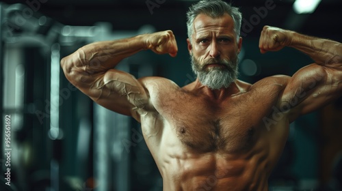 Strong, shirtless senior man with gray hair and beard is flexing his muscles in the gym