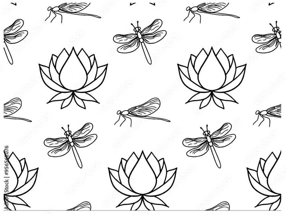 seamless pattern with carps, lotuses and dragonflies. line art vector illustration seamless pattern with carps, lotuses and dragonflies. line art vector illustration