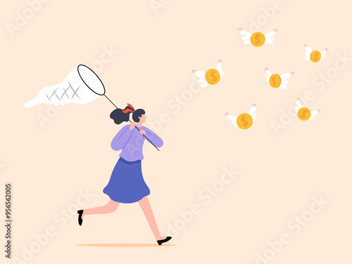 Woman running with a net to catch money. Pursuit of financial success.