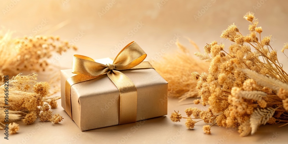 Gift box with golden ribbon and dried grass and flowers on beige background, gift, box, golden, ribbon, dry, grass