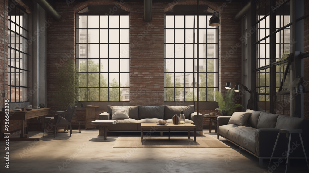 Spacious Industrial Loft with Large Windows and Contemporary Furniture Spacious Industrial Loft with Large Windows and Contemporary Furniture