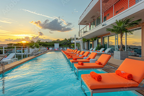 From a wide-angle view on a sunny summer day, panoramic scene of cruise ship's pool deck is a vibrant oasis of relaxation, with sun loungers dotted around sparkling pool, creating a serene and invitin photo