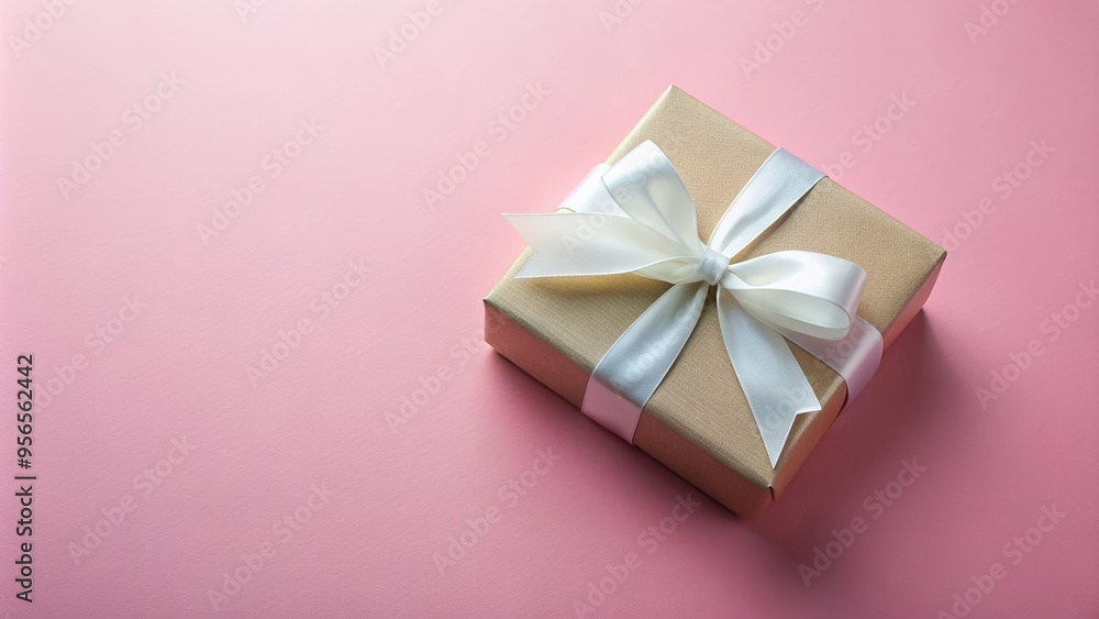 Light brown gift box with white ribbon and bow on pink background, gift box, ribbon, bow, present, surprise Light brown gift box with white ribbon and bow on pink background, gift box, ribbon, bow, present, surprise