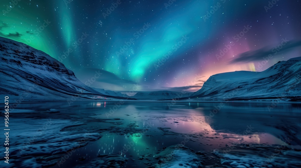 Naklejka premium Aurora borealis casting its reflection on a partially frozen lake, with snowy mountains and a village in the distance