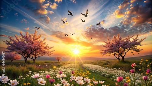 Sunrise over a serene landscape with blooming flowers and birds taking flight, symbolizing hope and new beginnings in a peaceful atmosphere. photo