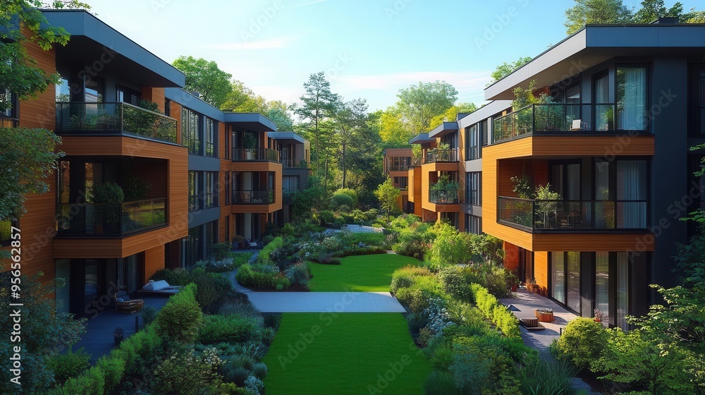 contemporary urban architecture lowrise apartments with clean lines and large windows lush greenery pedestrianfriendly spaces soft daylight clear blue sky contemporary urban architecture lowrise apartments with clean lines and large windows lush greenery pedestrianfriendly spaces soft daylight clear blue sky