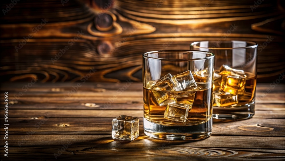 Glasses of whiskey with ice cubes served on wood, whiskey, alcohol, drink, beverage, bar, pub, ice cubes, wooden, table Glasses of whiskey with ice cubes served on wood, whiskey, alcohol, drink, beverage, bar, pub, ice cubes, wooden, table