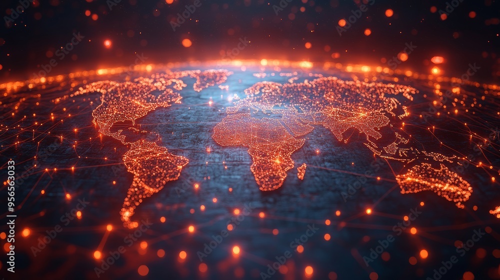 A global network, with interconnected lines and nodes across a world map. Generative AI A global network, with interconnected lines and nodes across a world map. Generative AI