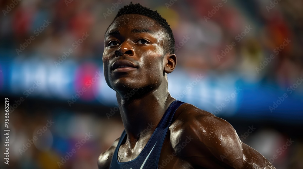 Tired athlete taking a moment to recover after giving his all in a track and field event Tired athlete taking a moment to recover after giving his all in a track and field event