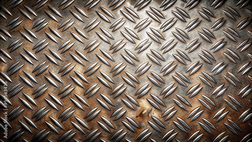 Textured metal tread plate background with raised diamonds and rivets, providing a rugged industrial look with subtle shine and worn patina effect. Textured metal tread plate background with raised diamonds and rivets, providing a rugged industrial look with subtle shine and worn patina effect.