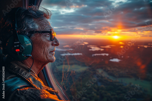 From wide-angle view of a sunny day, man in airplane gazes out at breathtaking panoramic view of sunrise, as vibrant colors of sky blend with lush greenery below, creating a mesmerizing scene that fil photo