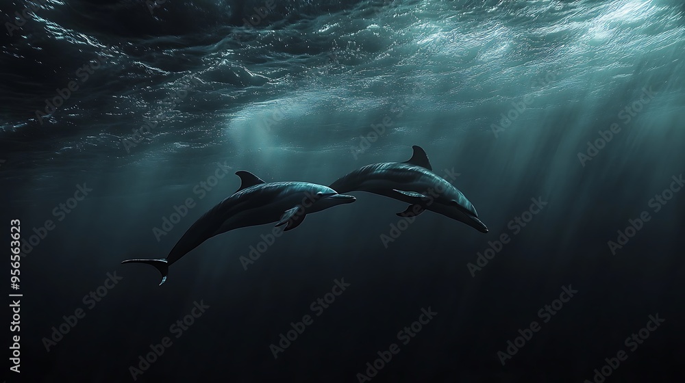 Naklejka premium Dolphins swim in the open sea