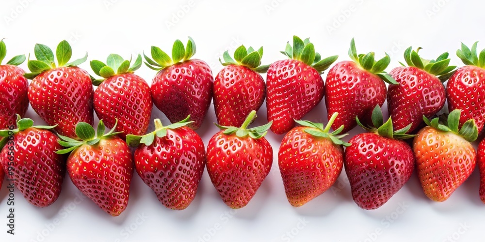 Fresh strawberries arranged neatly on a clean white background , juicy, red, fruit, vibrant, sweet, tasty, healthy, organic, summer Fresh strawberries arranged neatly on a clean white background , juicy, red, fruit, vibrant, sweet, tasty, healthy, organic, summer